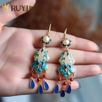 Ancient style earrings Chinese style tassel complex classical Sterling Silver Blue Lotus earring jewelry Hetian jade earrings female temperament long