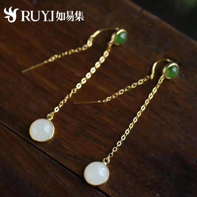 Natural and Tian Yubei jade pendant female temperament long version Summer display face thin ball silver ear line Ancient wind super-fairy earrings