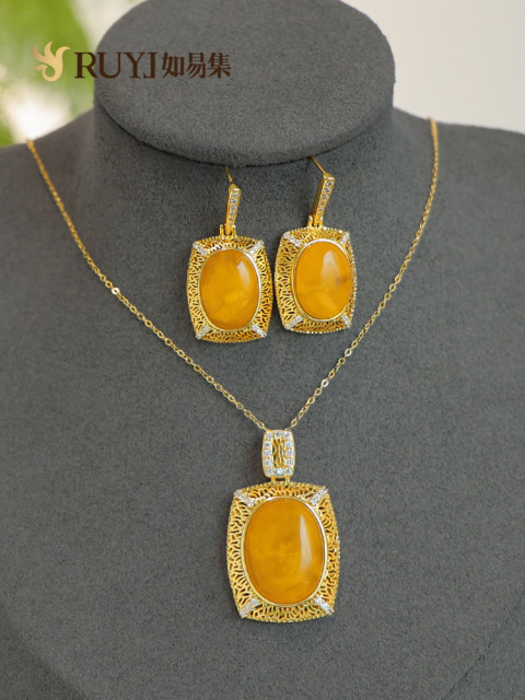 Beeswax Earrings, Natural Chicken Oil Yellow Amber Earrings, Luxurious Palace Style Yellow Earrings, High-End Sterling Silver Earrings