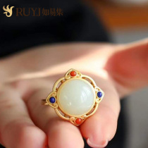 Natural Hetian jade ring female retro court Chinese classical National style food finger ring male sterling silver opening adjustable