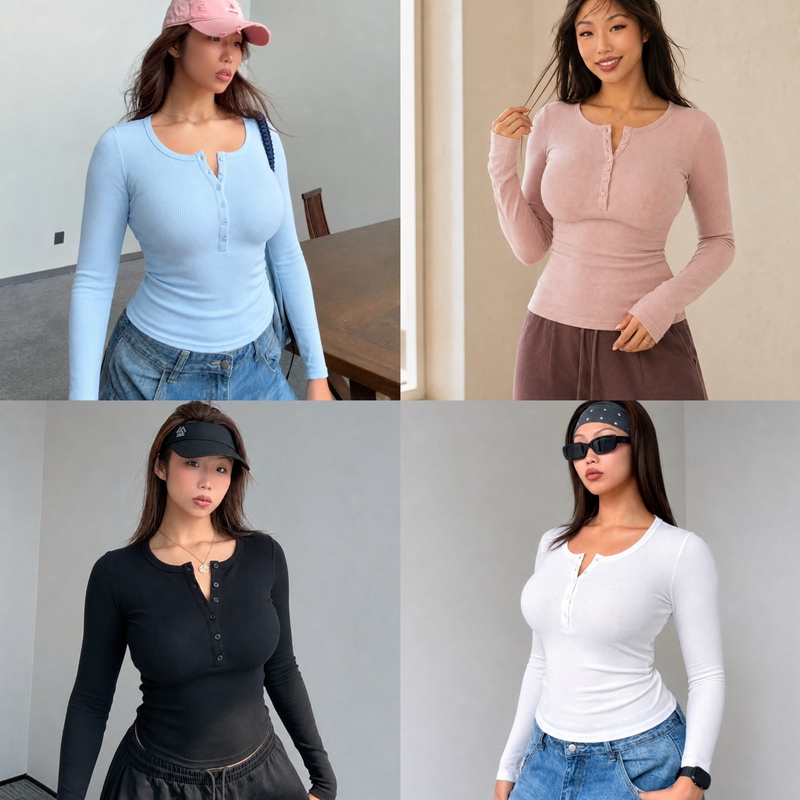 Liu Beautiful Plus-Size Spicy Girl Large Size Henry Collar Long-Sleeve T-Shirt Women's Slim-Fit Ribbed Button-Up Base Shirt Versatile for Autumn and Winter
