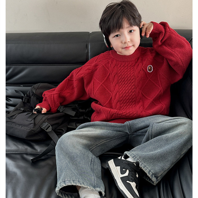 Japanese-Style Trendy Boys' Sweater Autumn and Winter Clothing Ape Embroidery Children's Knitwear Korean Version Round Neck Sweater for Older Kids