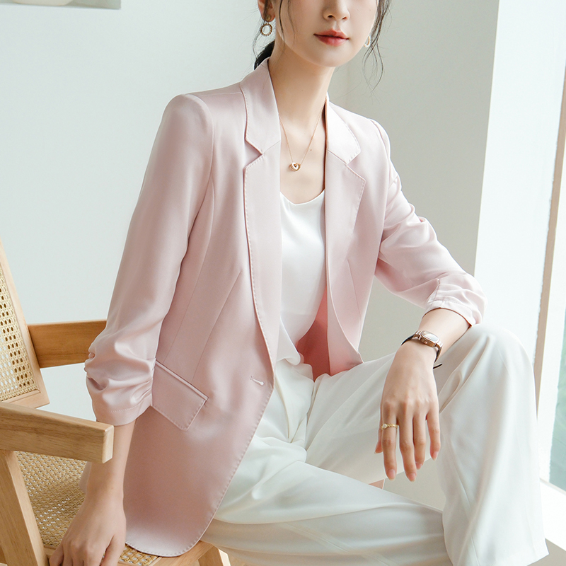 Acetate Fabric Blazer for Women, Spring and Summer, Slim Fit, Elegant Pearl Buttons, Satin Light Pink, Professional Casual Suit
