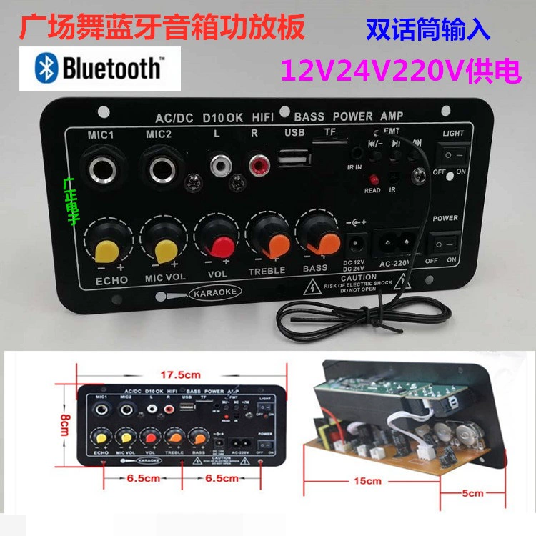 Hai giắc cắm micrô karaoke bo mạch khuếch đại công suất tích hợp radio bluetooth hồi âm có thể điều chỉnh 12V24V220V phổ quát - Micrô