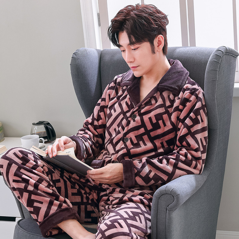 Plush Men's Pajamas for Autumn and Winter, Can Be Worn Outside, Youth Spring and Autumn Pure Cotton Thickened Fleece Coral Fleece Pajamas for Men, Warm