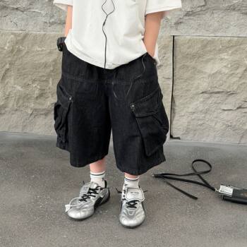 Xiaojie's 2026 new summer style boys' korean style american solid color washed overalls, medium and large children's fashionable shorts