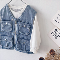 Boys Cowboy Vest 2021 Spring Outside Wearing Foreign Children Tide Tide Handsome Pocket Sleeveless Jacket