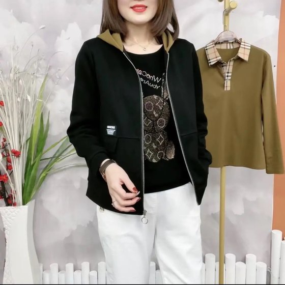 중년 어머니를 위한 후드 컬러 블록 카디건 지퍼 재킷 2023 봄 신상 패션 자수 짧은 재킷