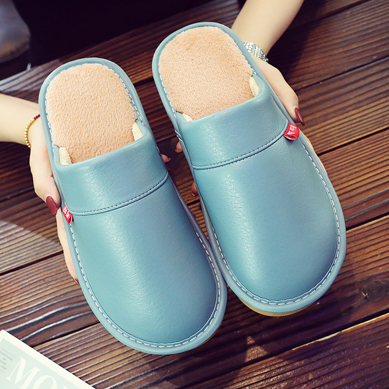 New Style Home Cotton Slippers for Men, Autumn and Winter, Couple's Indoor Wooden Floor Waterproof Warm Thick-Soled Leather Slippers for Women