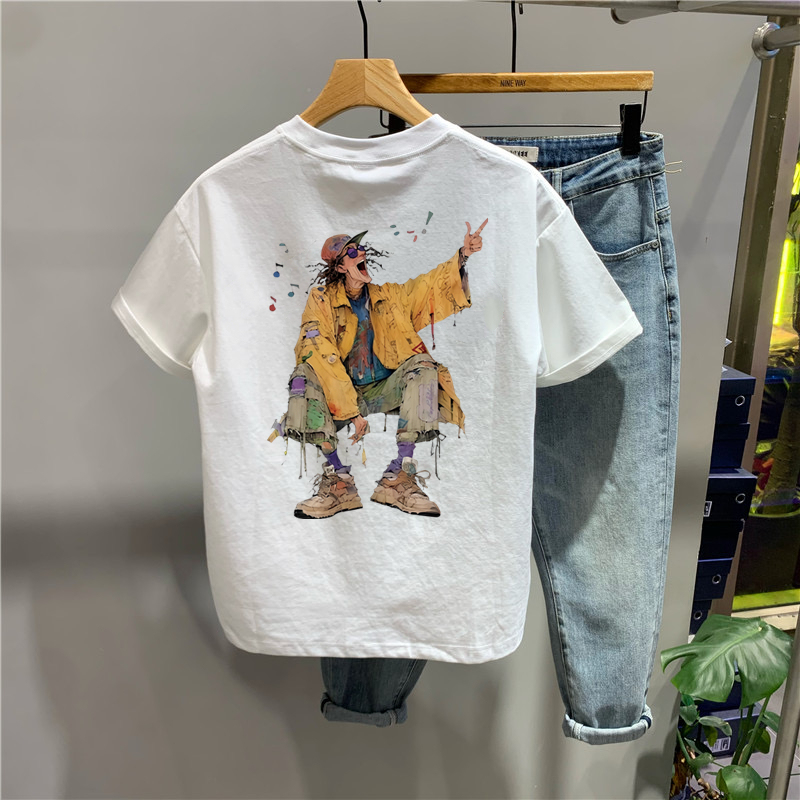 American Handsome Heavyweight High-End Pure Cotton Short-Sleeved T-Shirt Summer New Men's Trendy Brand Personalized Printed Half-Sleeved Top