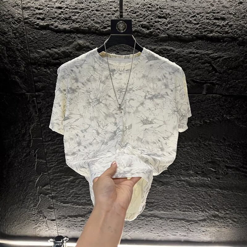 Summer New Trendy Brand Starry Sequin Half-Sleeve Men's Light Luxury Ripped Design Versatile Round Neck Short-Sleeve T-Shirt