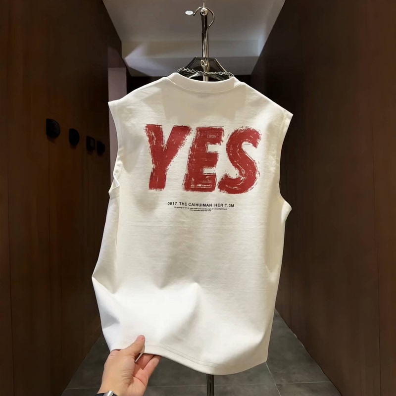 American-Style Pure Cotton Outerwear Vest for Men, Summer Trendy Brand Letter Print Casual Sports Sleeveless T-Shirt