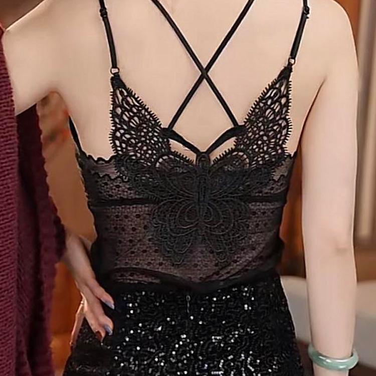 Light Luxury Fixed Integrated Soft Velvet Lace Back Butterfly Base Layer Beautiful Back Plus Size Top for Women