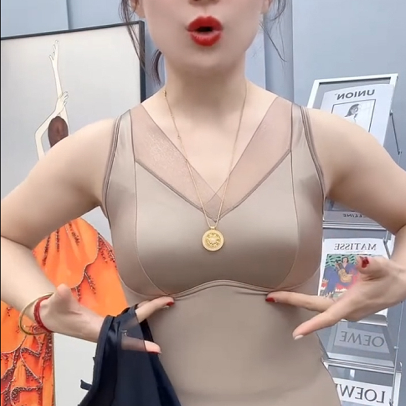 2025 New Women's Lace Deep V Push-Up One-Piece Cup Satin Seamless Ice Silk Slimming Base Tank Top