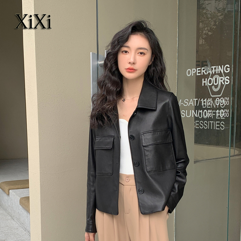 2026 Spring New Style Vegetable-Tanned Sheepskin Genuine Leather Workwear Style Double Pocket Small Lapel Short Jacket for Women