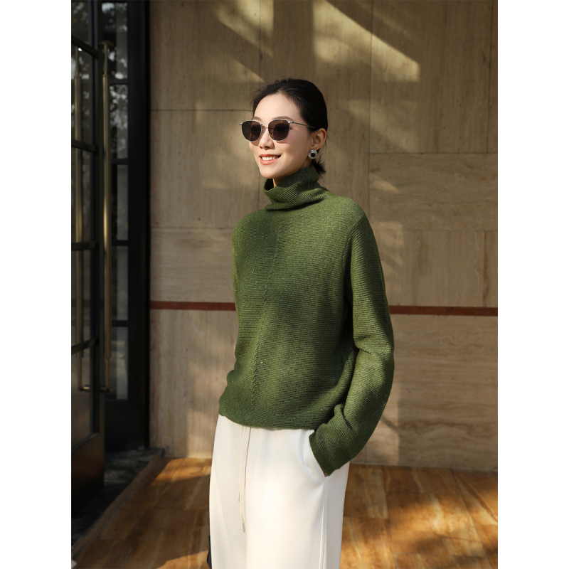 Zhouzhuo Cashmere Wool Fine Shimmer Ribbed Knit Sweater 2026 Spring New Loose Turtleneck Long-Sleeve Pullover Sweater for Women