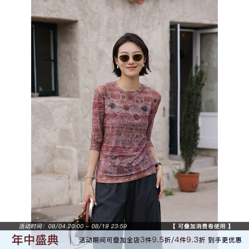Zhou Zhou Retro Mesh Printed Long-Sleeve T-Shirt, New Autumn 26 Style, Slim Fit, Thin, Red Inner Top for Women Zhou Zhou Retro Mesh Printed Long-Sleeve T-Shirt, New Autumn 26 Style, Slim Fit, Thin, Red Inner Top for Women