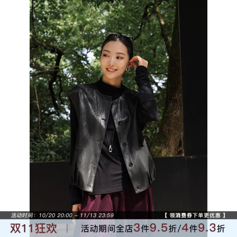 Zhou Zhou Black Vintage Leather Jacket Vest 2026 Autumn New Style Elegant Loose Round Neck Sleeveless Coat for Women