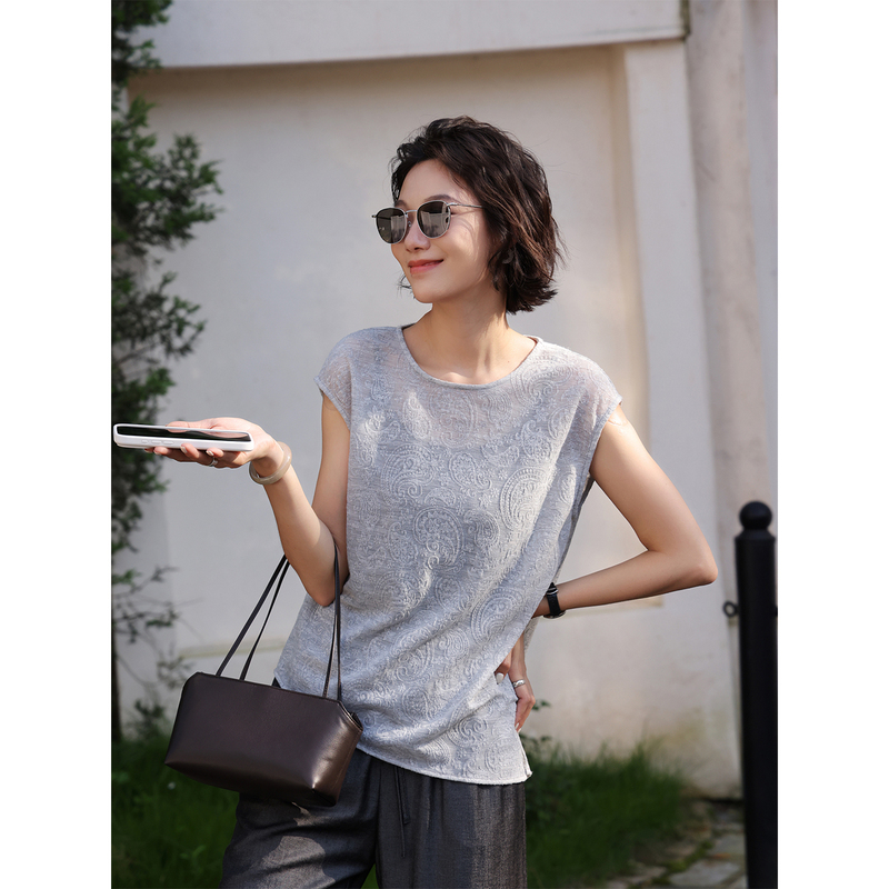 Zhou Zhou Gray Paisley Small Flutter Sleeve T-Shirt 2026 Summer New Style Elegant Slimming Sleeveless Tank Top for Women