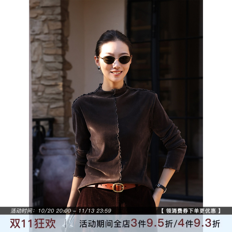 Zhou Zhou French Retro Velvet Long-Sleeve T-Shirt 2026 Autumn New Style Ruffled Slim-Fit Slimming Base Shirt for Women Zhou Zhou French Retro Velvet Long-Sleeve T-Shirt 2026 Autumn New Style Ruffled Slim-Fit Slimming Base Shirt for Women