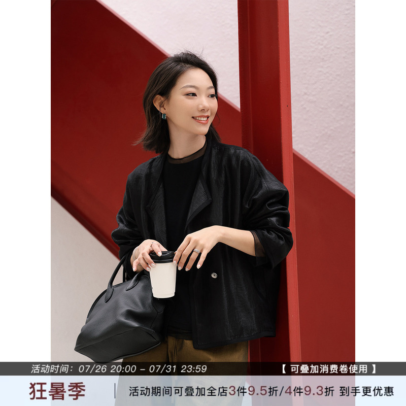 Zhou Zhou New Chinese Style Black Single Button Tencel Jacket 26 Autumn New Loose Versatile Round Neck Short Jacket for Women Zhou Zhou New Chinese Style Black Single Button Tencel Jacket 26 Autumn New Loose Versatile Round Neck Short Jacket for Women