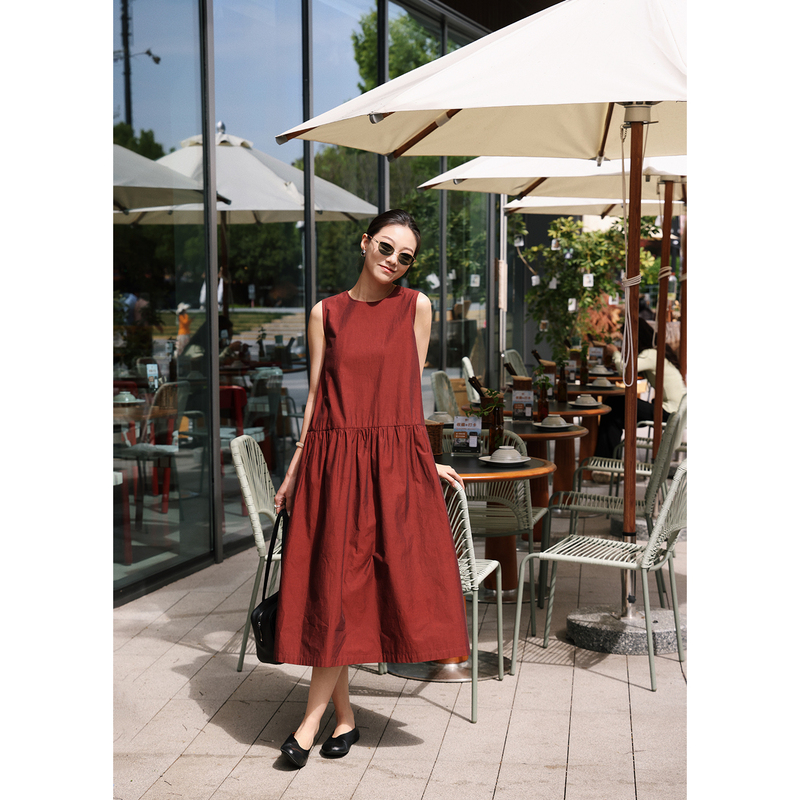 Zhou Zhou Simple Pure Cotton Sleeveless Dress 2026 Summer New Style Elegant Loose Versatile Round Neck Tank Top Long Dress for Women