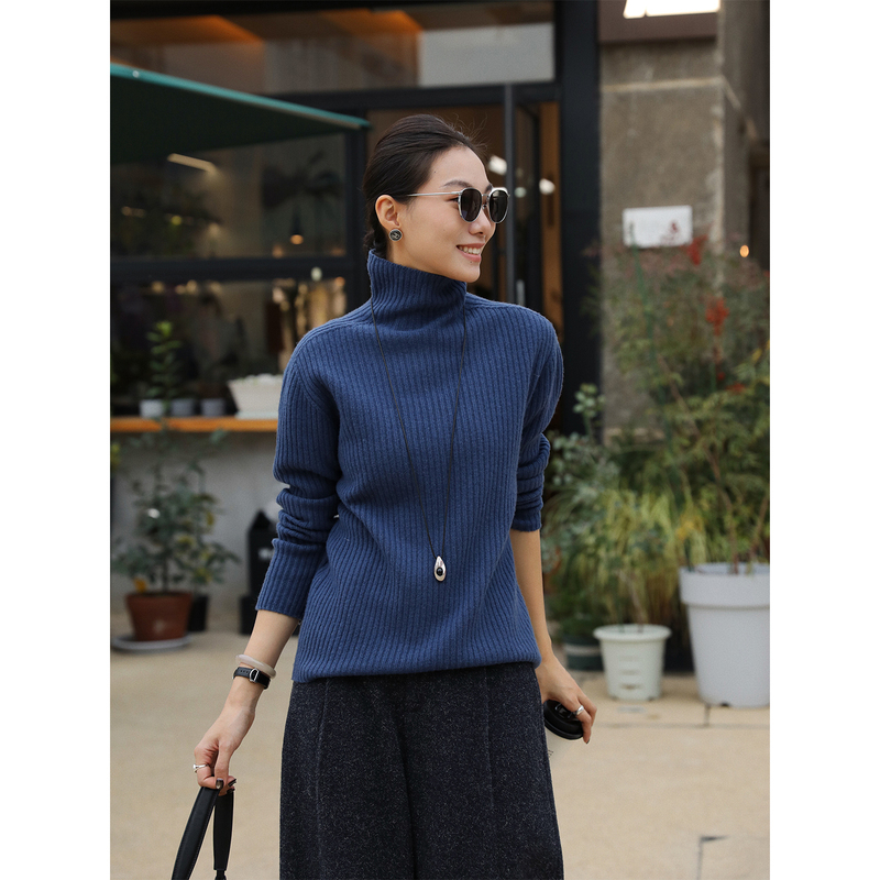 Zhou Zhouquan All-Wool Seamless Ribbed Turtleneck Sweater 26 Winter New Thickened Warm Slim-Fit Pullover Base Shirt for Women