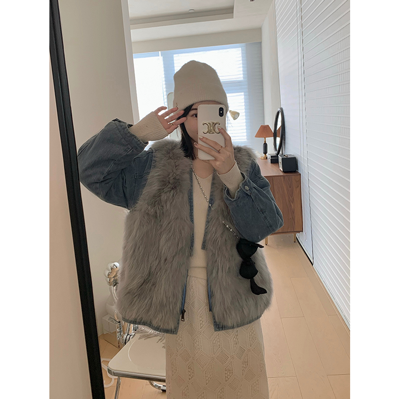MUKOK light grey leather grass jacket woman 2023 new autumn winter raccoon dog hair denim splicing temperament long sleeve blouse-Taobao
