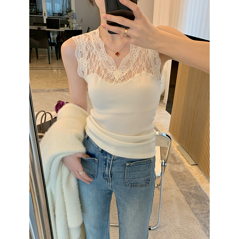 MUKOK white knitting vest woman 2022 Spring and Autumn new V - collar lace splicing high - sentiment punch blouse