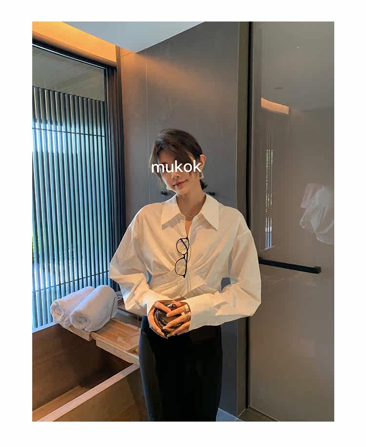 MUKOK2022年秋季新款白色褶皱设计感韩系上衣气质修身长袖衬衫女详情13