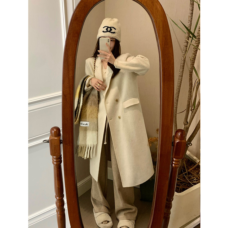 MUKOK white bifacial cashmere big coat woman 2023 autumn winter new suit collar loose in the middle of a long subcoat-Taobao