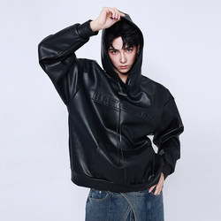 Yang Yifan trendy brand leather men's autumn new hooded jacket handsome casual American retro motorcycle leather jacket