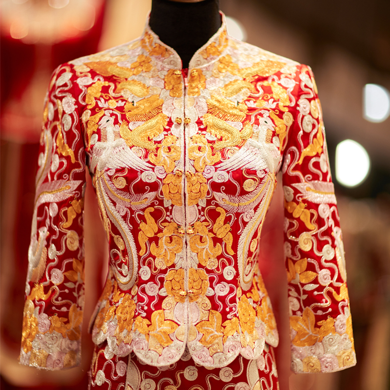 2026 Spring/Summer Chinese-Style Wedding Dragon and Phoenix Gown with Gold Embroidery, Slimming, Medium Five Blessings Bride Plus-Size Wedding Dress, Toast Dress, Xiuhe Dress