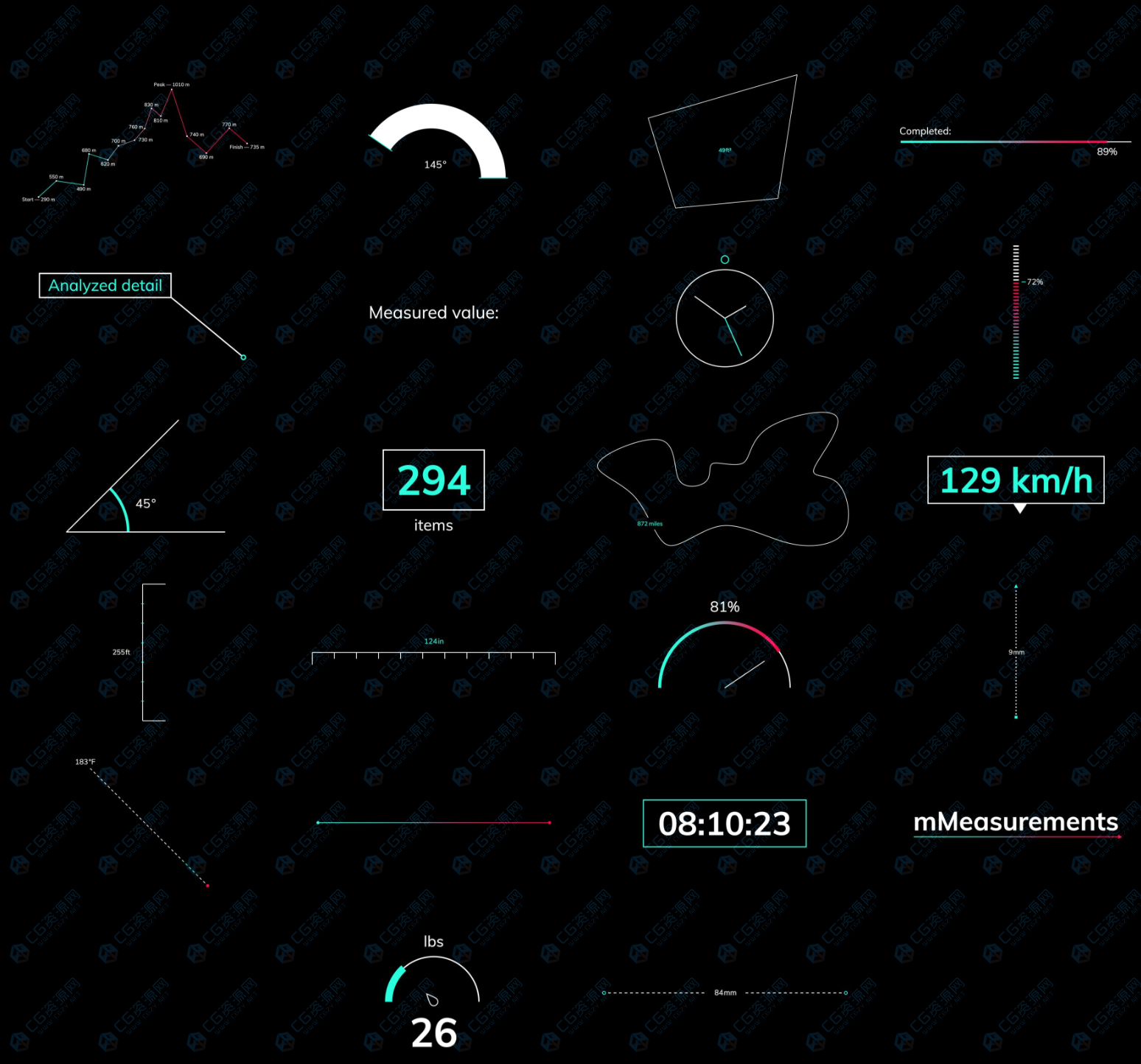 FCPX插件|22个物体数据测量标注动画预设 motionVFX mMeasurements