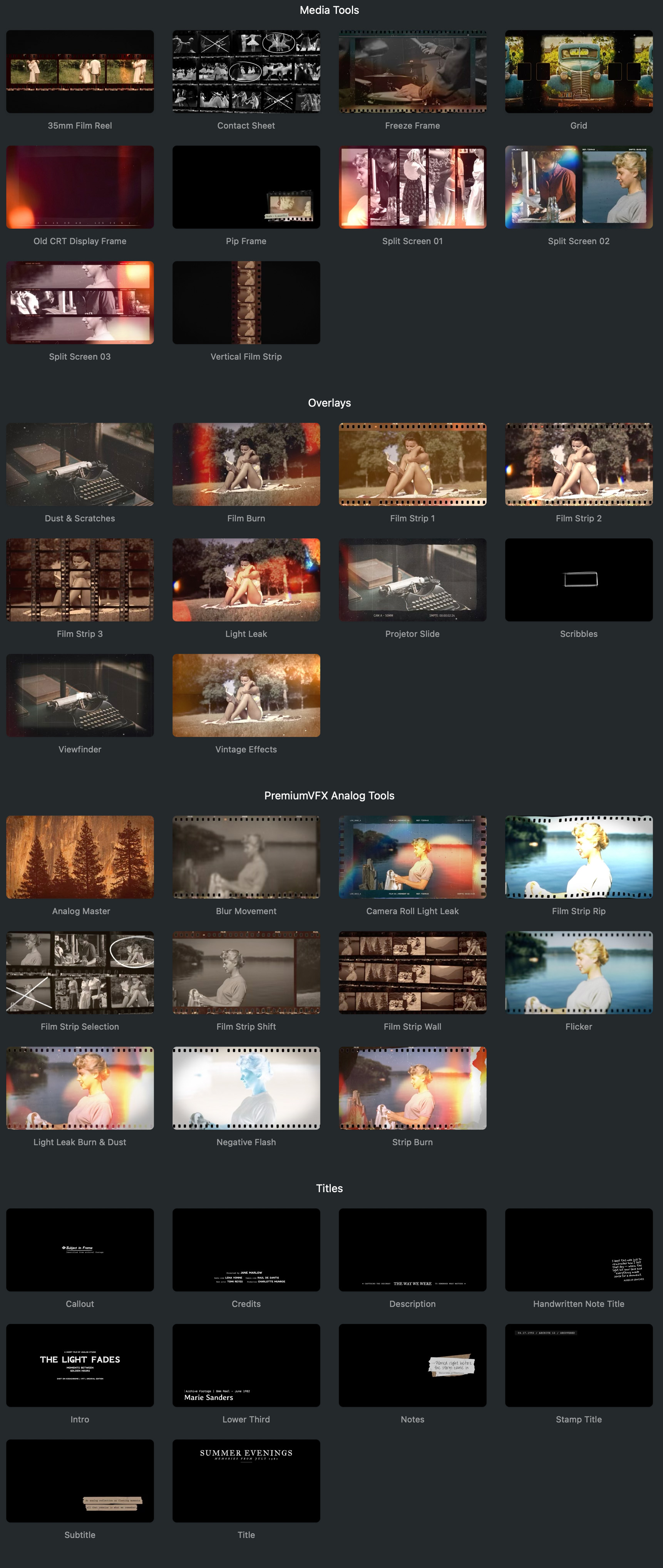 中文汉化-FCPX插件|复古电影胶片质感视觉特效标题转场预设 Analog Tools