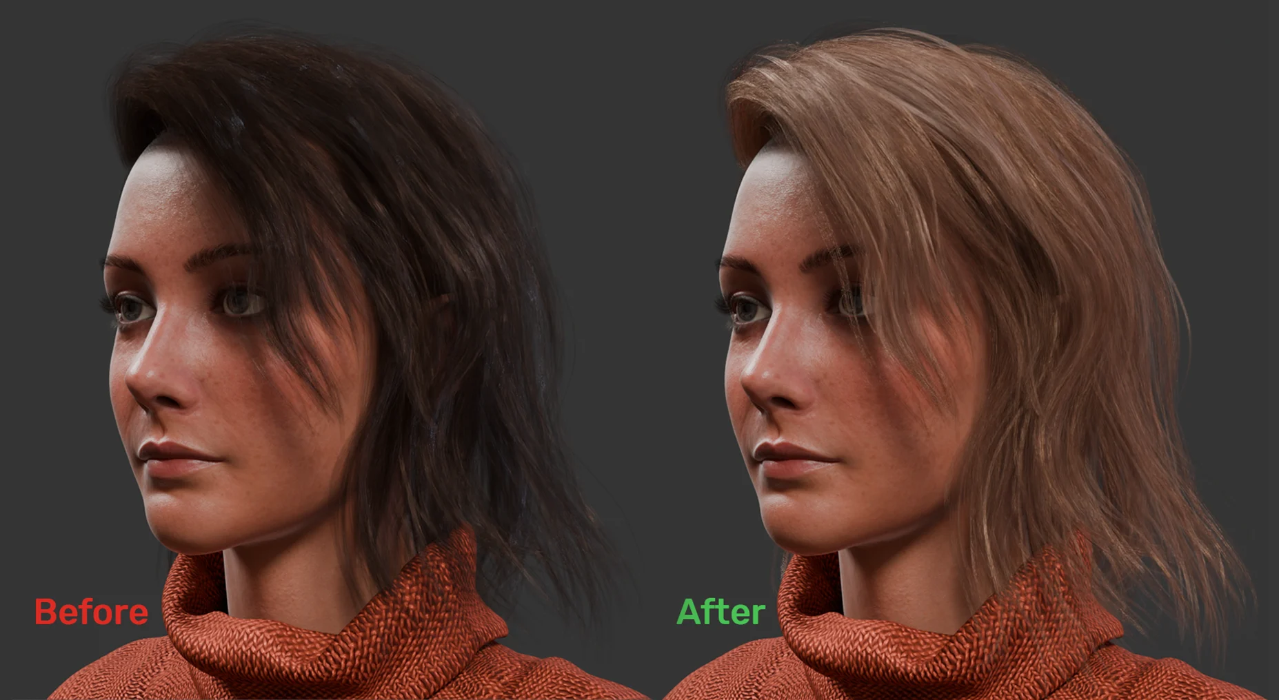 Blender角色毛发材质预设 Daz Studio Hair Material for Blender Hair 2 Before & After.webp