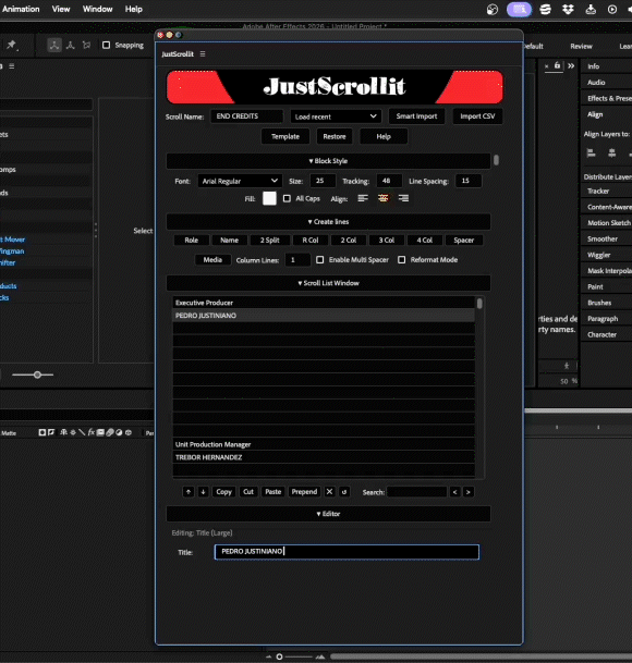 AE电影片尾滚动字幕一键生成脚本 JustScrollit V1.0 + 使用教程