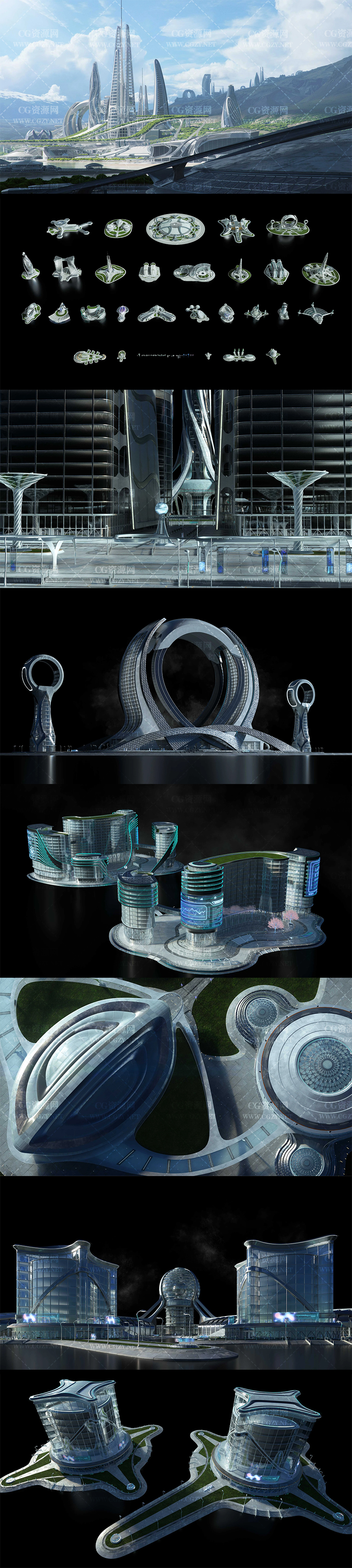 未来科幻楼房建筑城市广场3D模型 Kitbash3D – OASIS FBX/OBJ格式