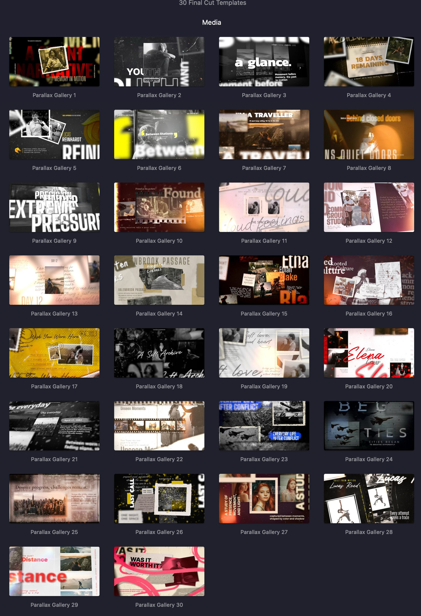 中英双语-FCPX插件|30组现代优雅美学视差运动照片画廊展示动画 Parallax Gallery