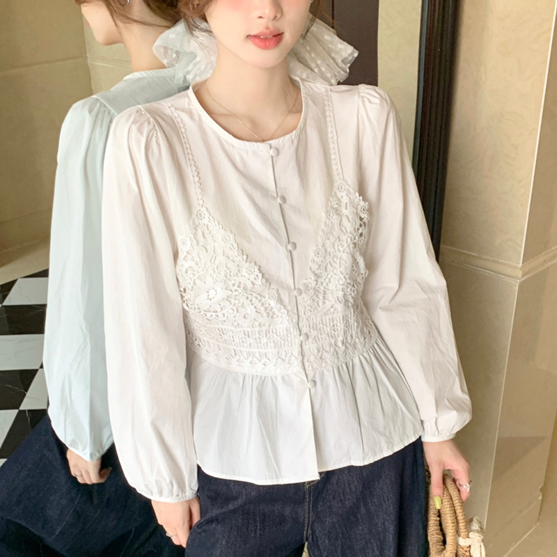 2025 Spring/Summer French Style New Fashion Versatile Round Neck Long Sleeve Shirt for Women Slimming Fresh Lace Patchwork Top