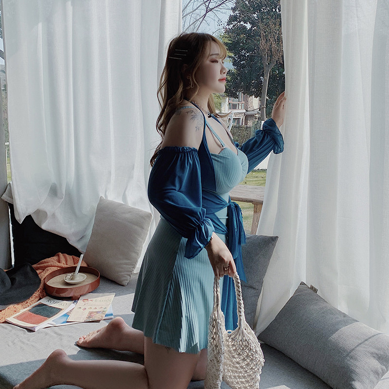 Hitong Grand Size Women's Dress Fat Mm Strap Closed Waist 90% Sleeves Hung Neck Swimsuit Temperament Elegant Display Slim Spa Swimsuit