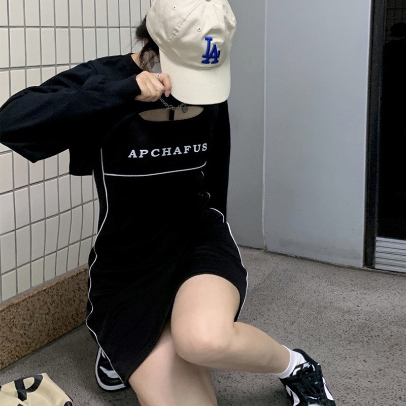 Shi Tong'er Great Size Women's Dress Fat Mm Sweet Spicy Wind Display Slim Hanging Band Dress Hood Casual Suit Cut for two sets