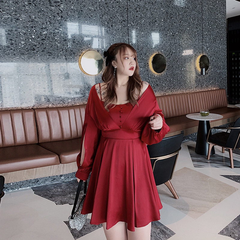 Shi Tong'er Big Size Women's Dress Fat Mm Collection Waist Display Slim and Small Heart Machine Name Yuan Two Foreign Dress Red Evening Dress Dress