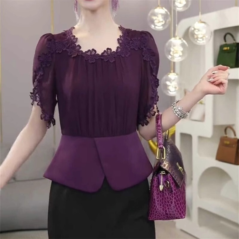 High-End Luxury Lace Purple Round Neck T-Shirt for Women Summer Fashion Splicing Elegant Waist Slimming Look Shirt Top