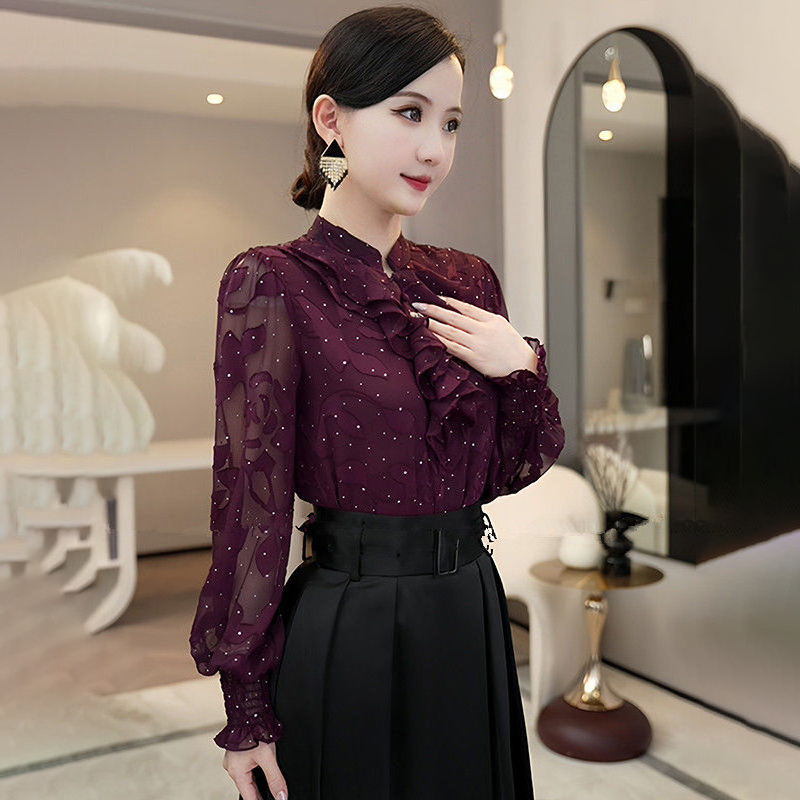 Exquisite Glitter Design Purple Long-Sleeved Shirt for Women, Spring and Autumn, Age-Reducing, Body-Covering, Luxurious and High-End, Ruffled Lace Top