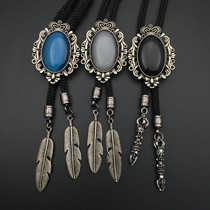 Stars ● Fashion Mens Blue Black and White Cat Eye Poirot Tie BOLO Tie neck chain Silver Feather Pendant Gift Box