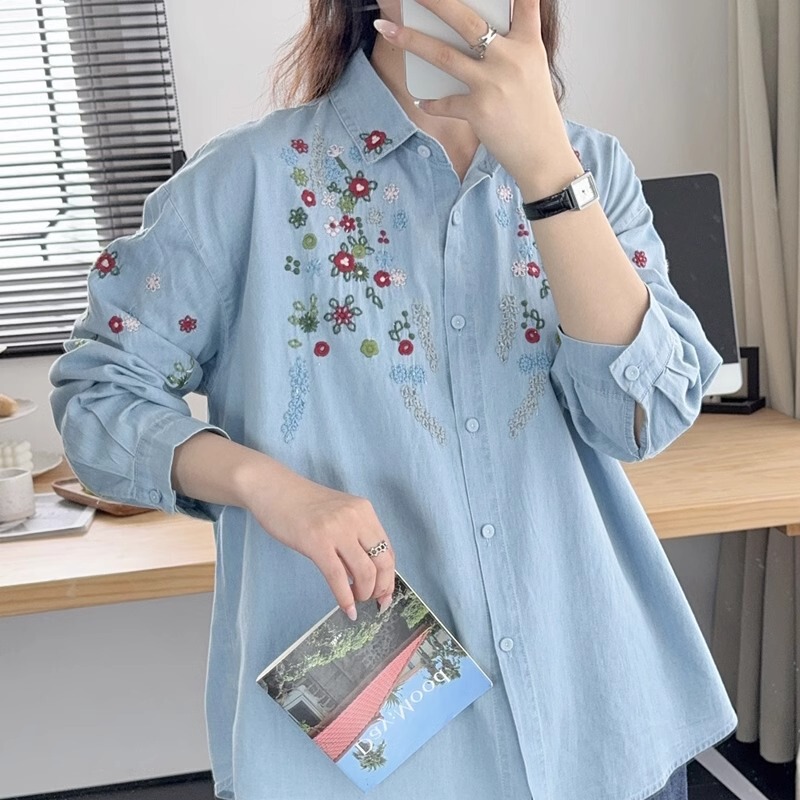 Spring and Autumn New Embroidered Washed Denim Shirt for Women, Long Sleeve, Mori Style, Artistic, Fresh, Cute, Design Sense Top