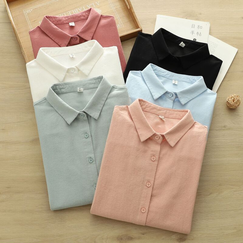 Brushed Cotton Spring and Autumn New Solid Color Shirt for Women, Long-Sleeved, Loose, Casual, Inner Layer, Versatile Top
