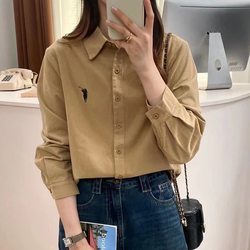 Pure Cotton Shirt for Women 2026 Spring and Autumn New Vintage Layered Wear Brushed Horse Embroidery Inner Base Shirt