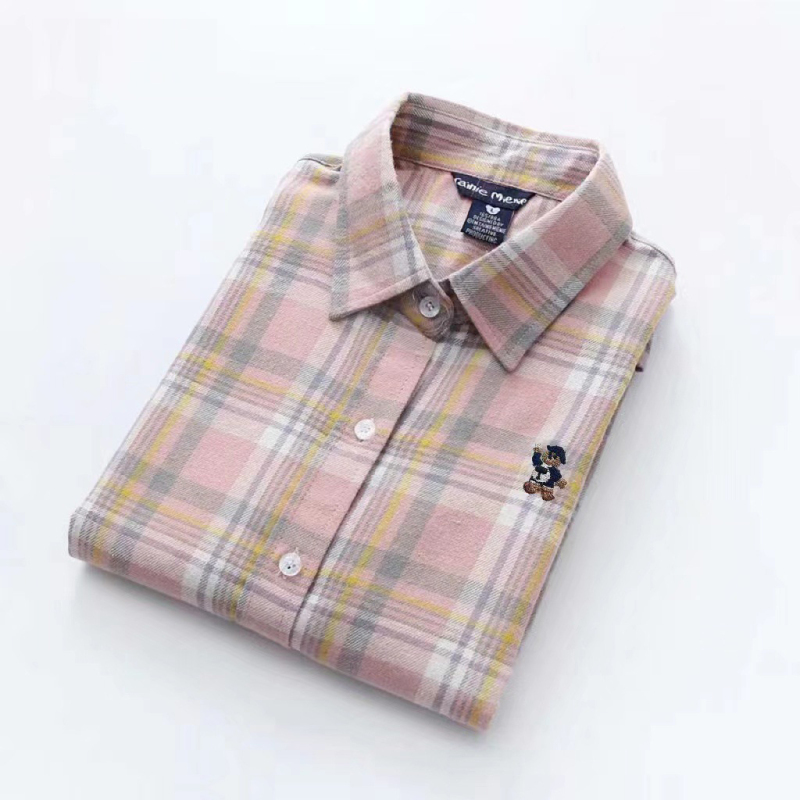 Bear Embroidery Brushed Plaid Shirt for Women, Spring and Autumn 2026 New Style, Pure Cotton Flannel Shirt, Versatile Outerwear for Students